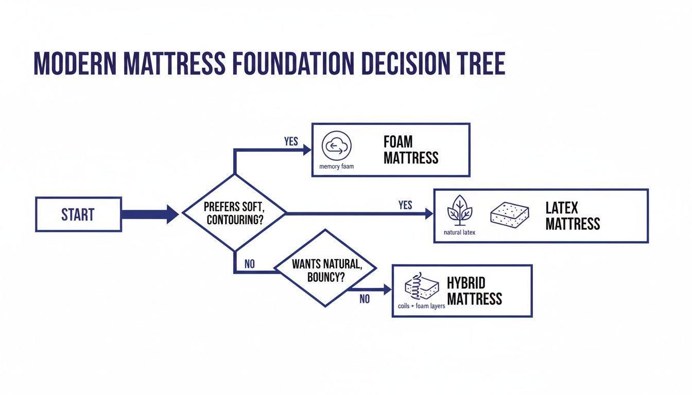Modern mattress decision tree flowchart guiding choices based on preferences like soft, contouring, natural, or bouncy.