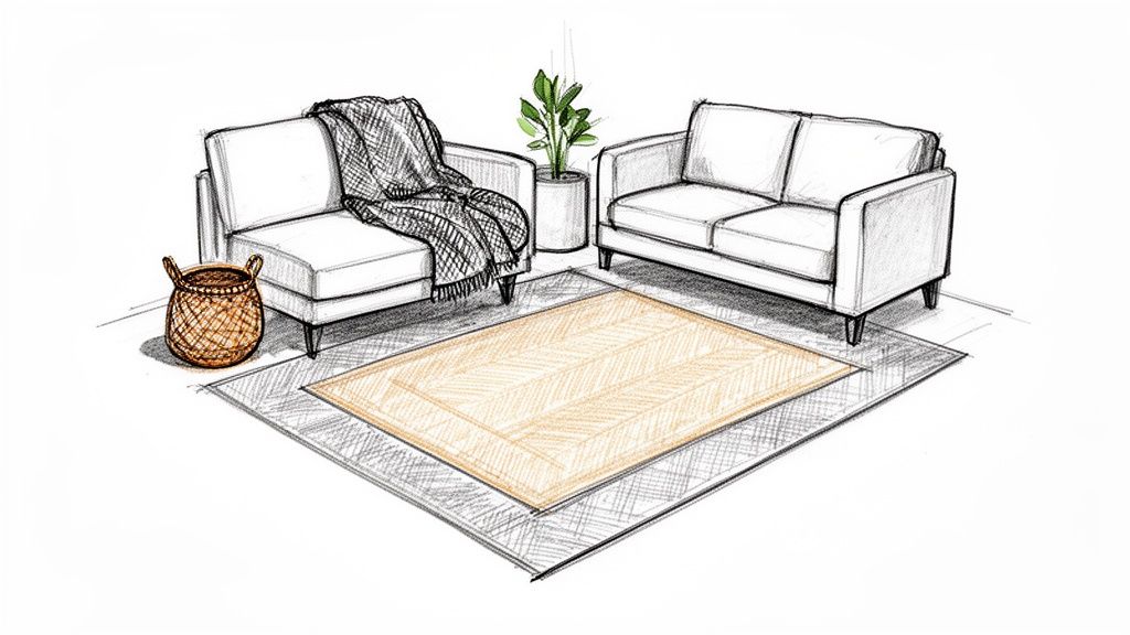 A hand-drawn sketch showing two sofas, a plant, and a basket in a small living room setup.