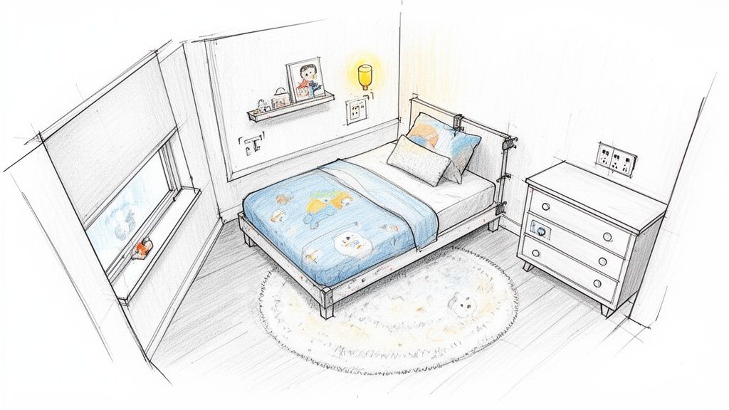 A vibrant sketch of a child's bedroom, featuring a single bed with playful bedding, a window, and charming wall decor.