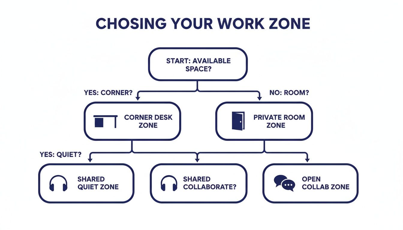 A flowchart guiding users to choose a suitable work zone based on available space, privacy, and quiet needs.