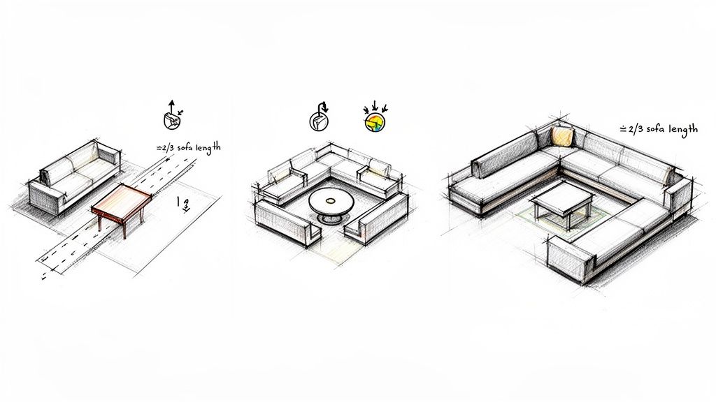 Diagrams showing optimal coffee table placement and sofa arrangements for living spaces.