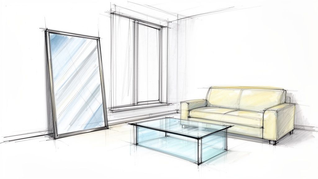 A hand-drawn sketch illustrating a modern living room with a yellow sofa, glass coffee table, and large mirror.