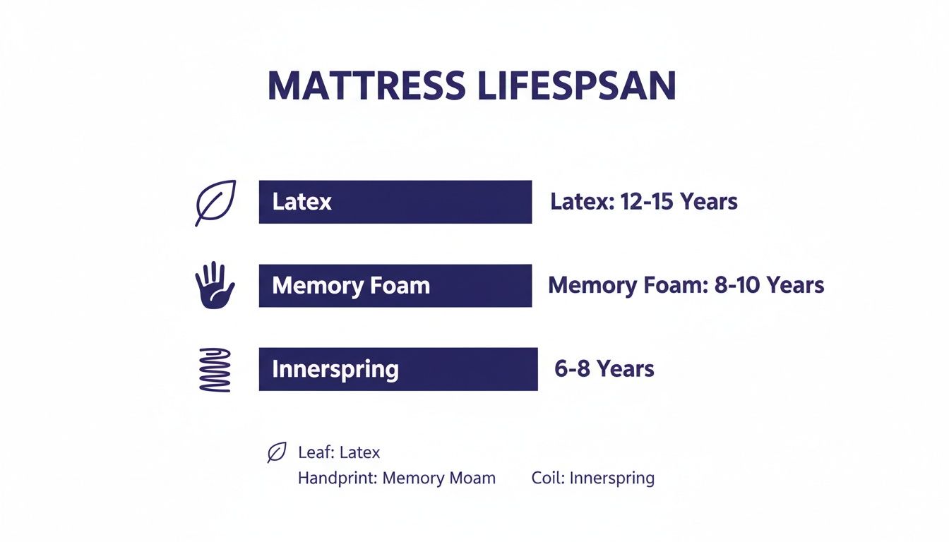 Infographic showing mattress lifespan: Latex 12-15 years, Memory Foam 8-10 years, and Innerspring 6-8 years.
