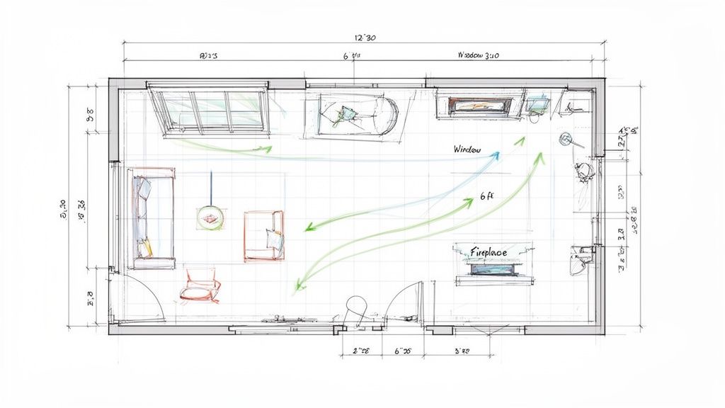 Detailed architectural floor plan illustrating a living room layout with furniture, dimensions, and movement paths.