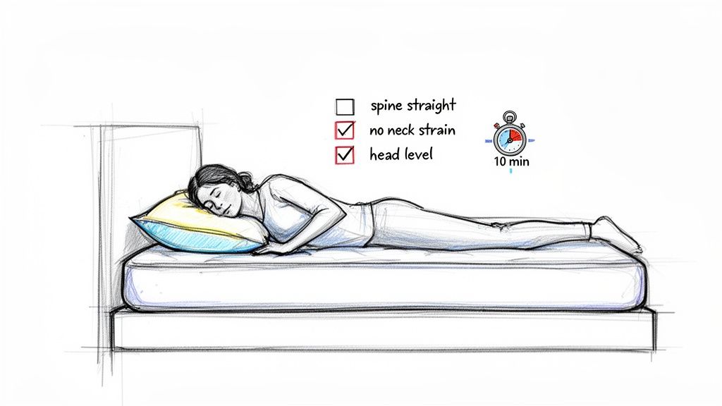 A woman sleeps on her stomach on a bed, next to a checklist for good sleep posture.