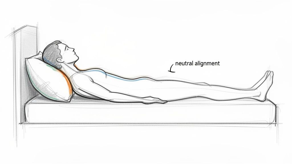 A person sleeping on their back with a pillow, demonstrating neutral spinal alignment.