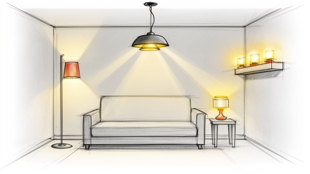 A detailed sketch of a living room showcasing various lighting options and a sofa.