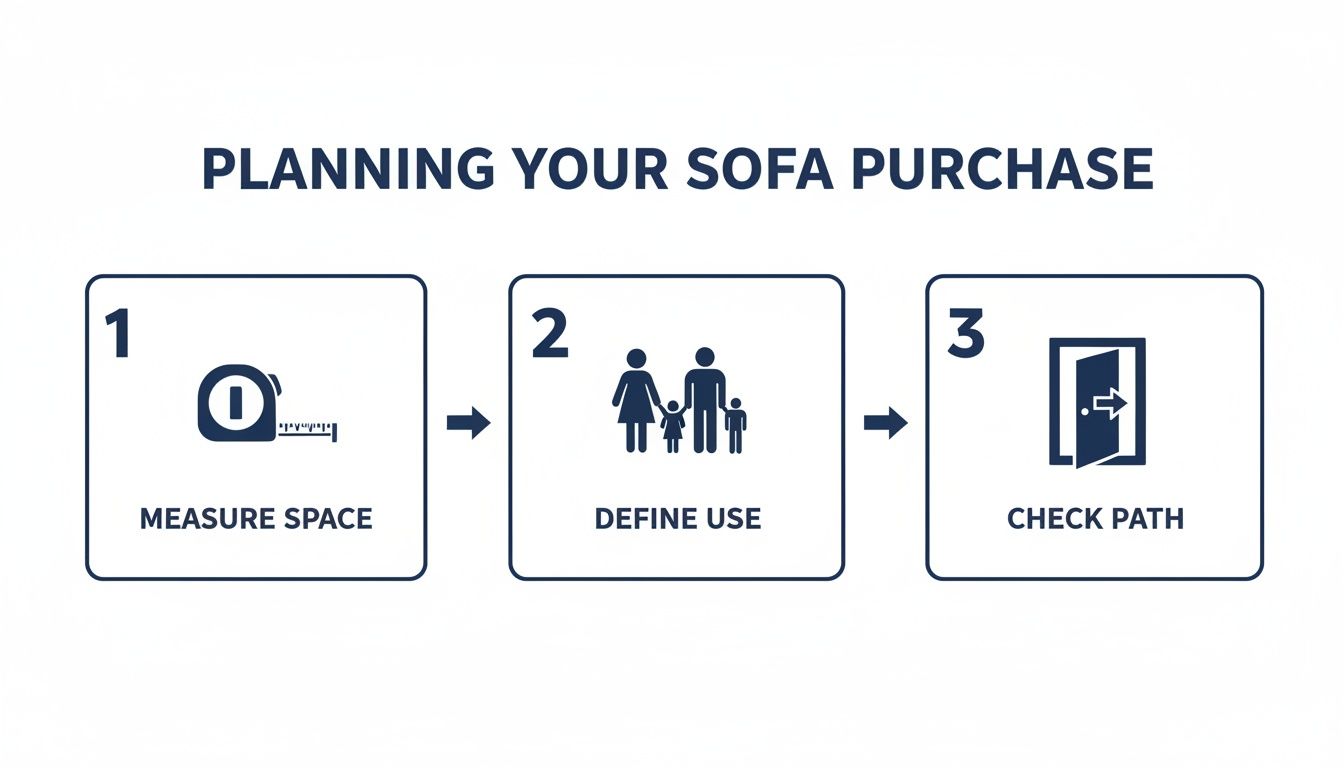 A three-step guide for planning a sofa purchase: measure space, define use, and check path.