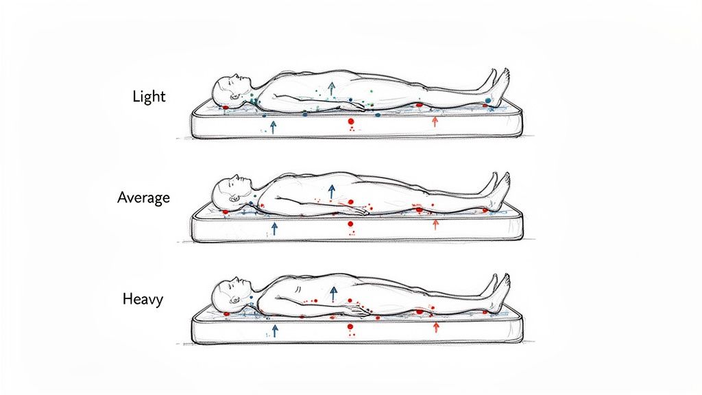 Illustrations comparing mattress support and pressure points for light, average, and heavy individuals lying on their backs.