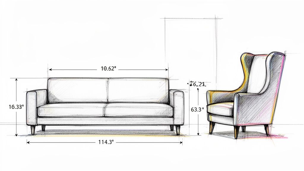 Pencil sketch of a sofa and a wingback accent chair with detailed dimensions.