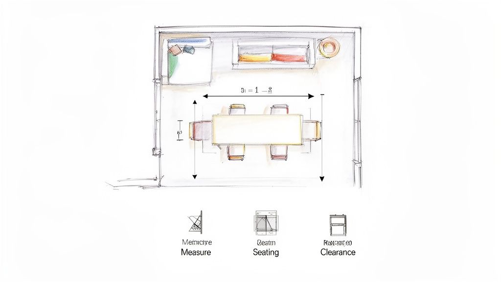 Top-down sketch illustrating dining room layout with a rectangular table, chairs, and critical dimensions for measure, seating, and clearance.