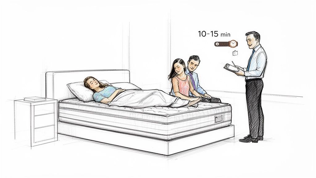 Customers try out a mattress in a store, observed by a salesperson, for 10-15 minutes.