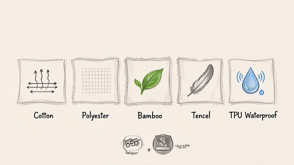 Illustrations of five fabric types: cotton, polyester, bamboo, tencel, and TPU waterproof, with their respective icons.