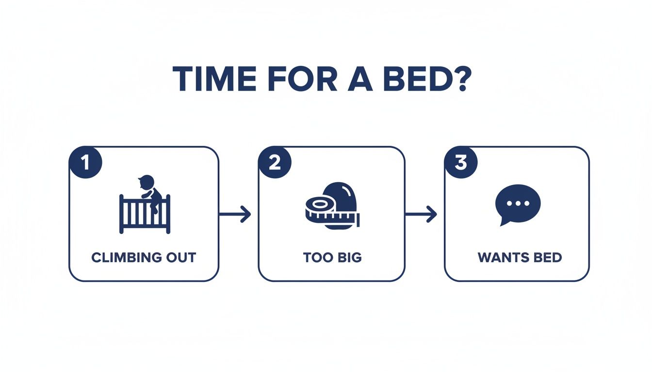 Infographic showing three reasons for a toddler's bed transition: climbing out, too big, or wanting a bed.
