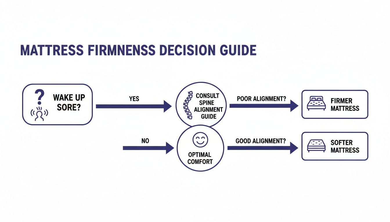 A mattress firmness decision guide flowchart to choose between firmer or softer mattresses.