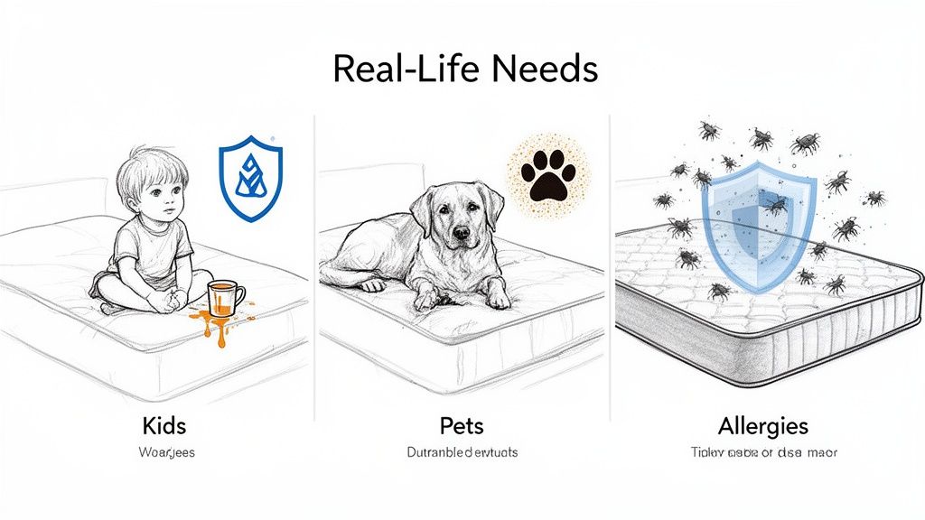 Illustrations depict real-life mattress challenges: kids' spills, pet wear, and protection from dust mites and allergens.