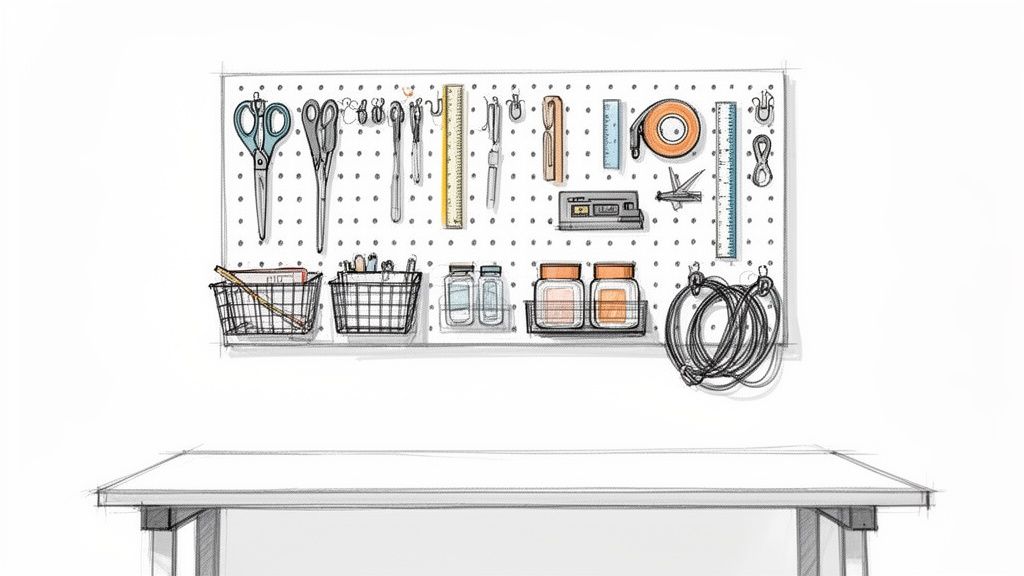 An illustration of a white pegboard filled with organized craft and office tools over a desk.
