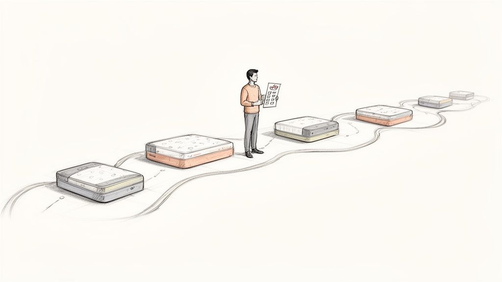A person with a checklist walks along a path of mattresses, comparing options for a purchase.