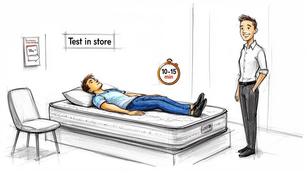 A man tests a mattress in a store for 10-15 minutes, observed by a salesperson.