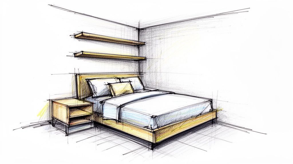 A hand-drawn sketch of a minimalist bedroom interior with a bed, nightstand, and floating shelves.