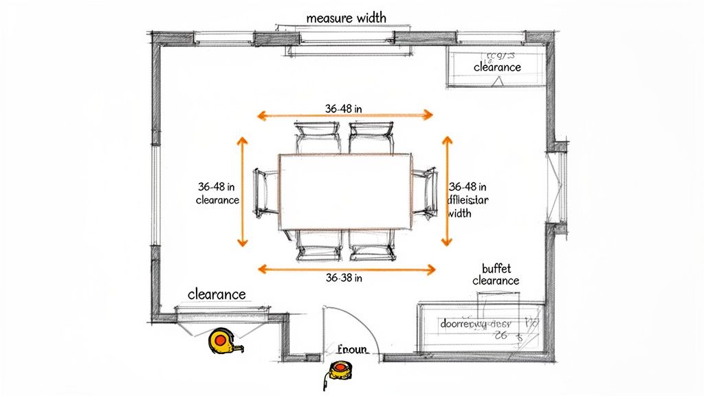 Top-down sketch of an 8-seater dining room layout, showing table dimensions, chair clearances, and room measurements.
