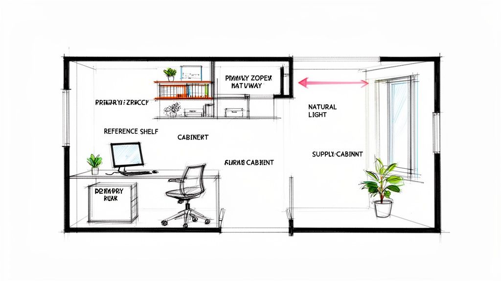 A detailed top-down sketch illustrating an organized home office layout with desk, chair, shelves, and natural light.