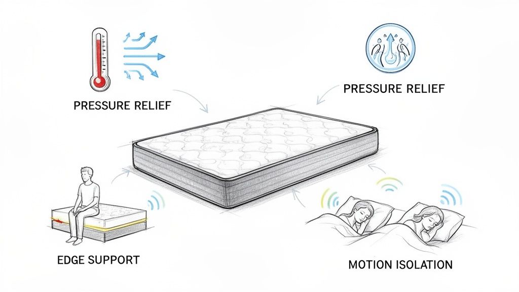 A diagram showcasing mattress benefits, including pressure relief, edge support, and motion isolation.