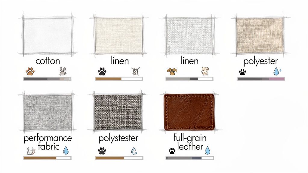 Guide to sofa fabrics: cotton, linen, polyester, performance fabric, leather, showing pet and water resistance.