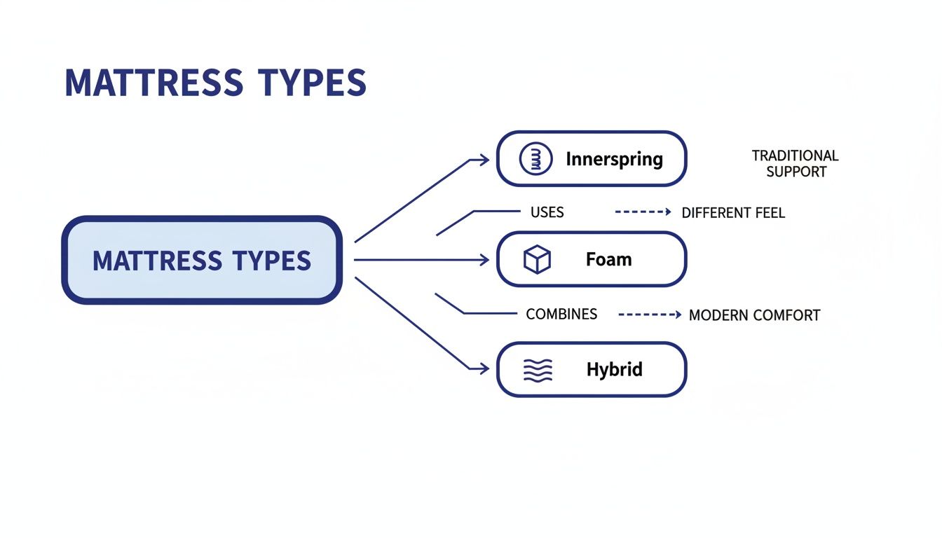 A diagram illustrating different mattress types: Innerspring, Foam, and Hybrid, with their characteristics.