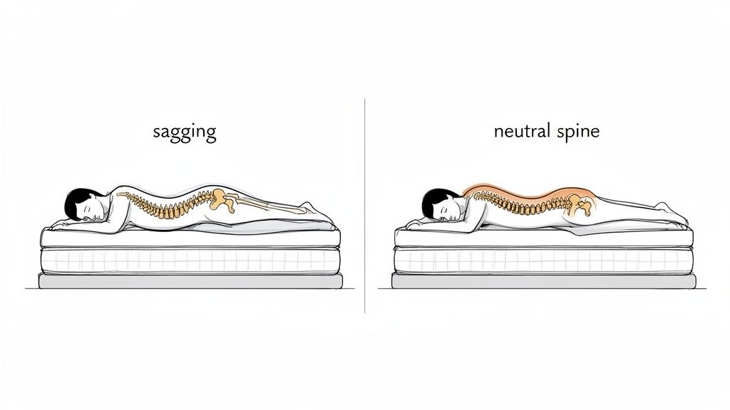 Illustrations comparing a person's spine on a sagging mattress versus a supportive mattress for neutral alignment.