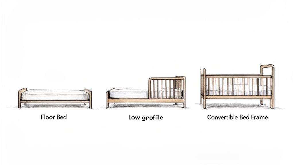 Illustrative sketch of three child bed types: a floor bed, a low profile bed, and a convertible crib.
