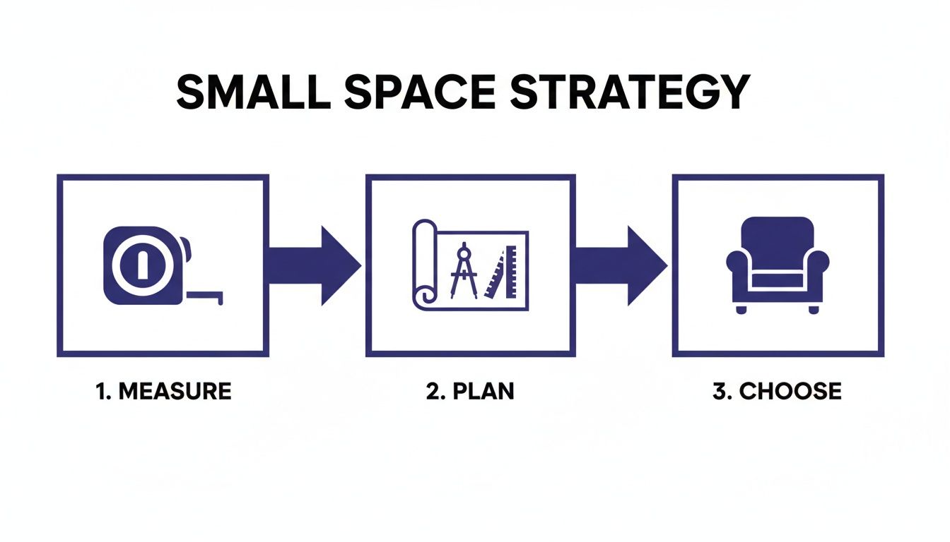 Infographic showing a small space strategy: 1. Measure, 2. Plan using blueprints, and 3. Choose furniture.