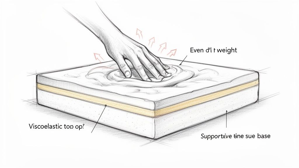 Illustration of a hand pressing into a memory foam mattress, demonstrating viscoelastic conformity and even weight distribution.