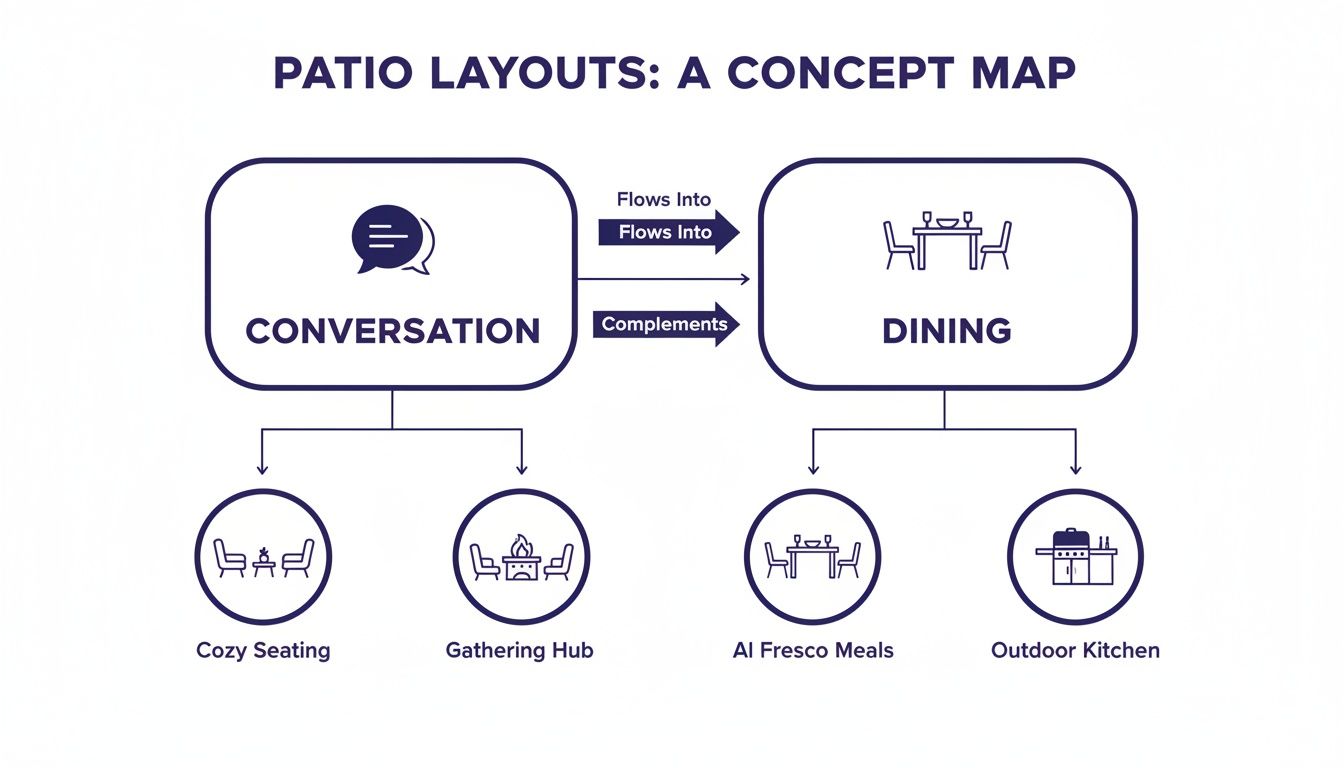 A concept map displaying patio layout ideas for conversation and dining, including various furniture arrangements.