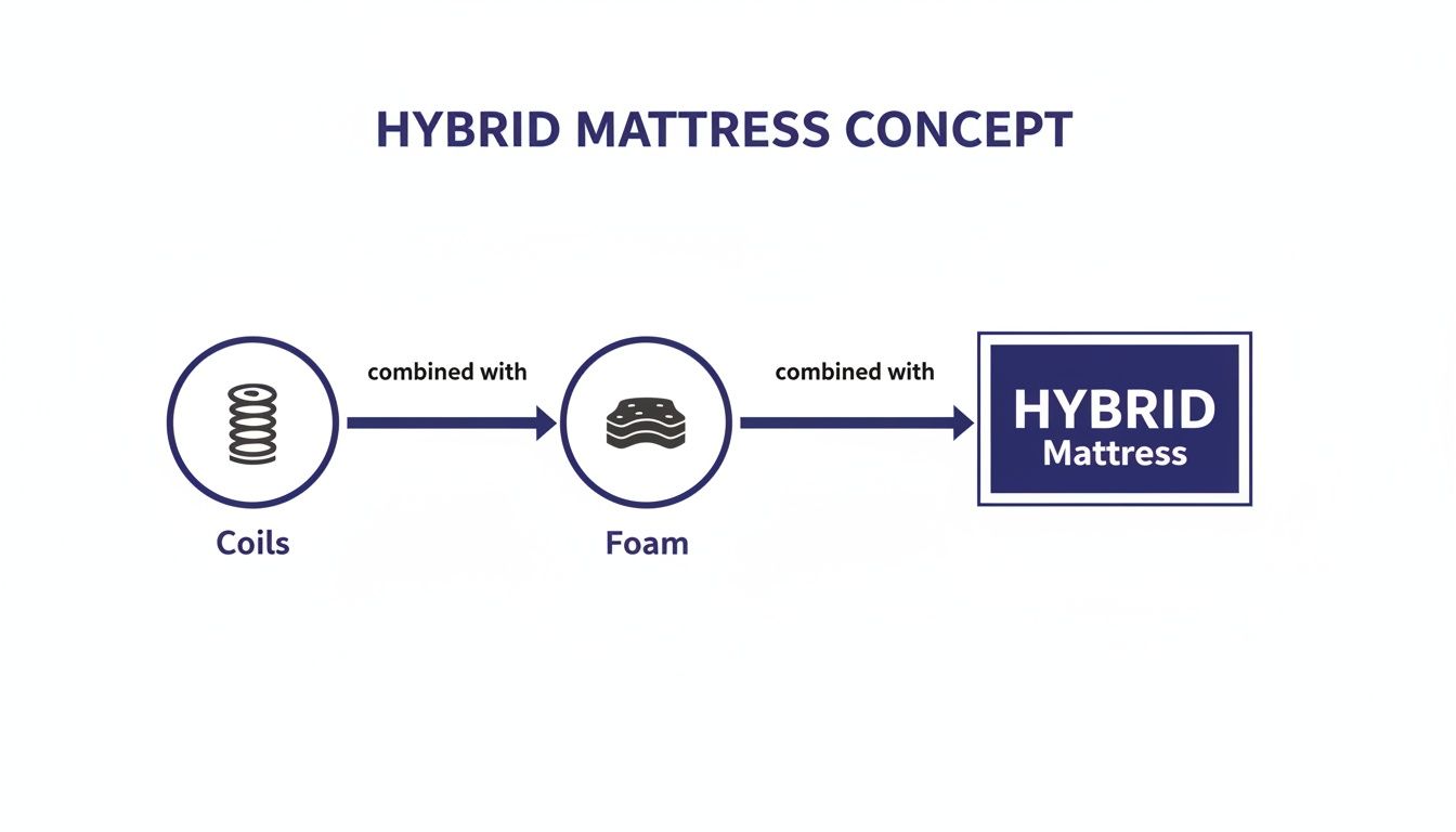 Diagram illustrating the hybrid mattress concept: coils combined with foam to form a hybrid mattress.