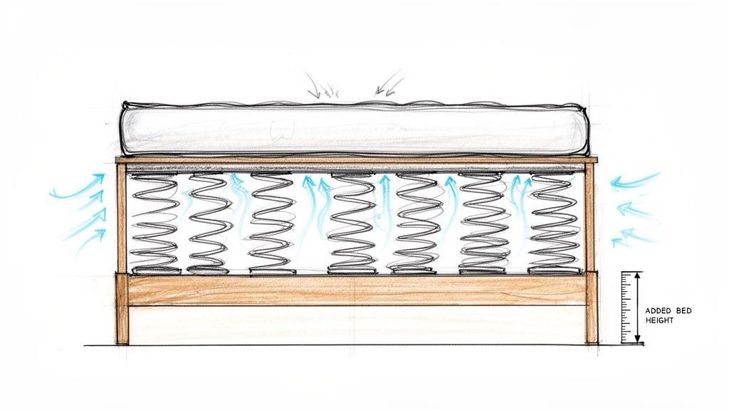 Diagram showing a box spring or mattress foundation with internal springs and air circulation, highlighting added bed height.