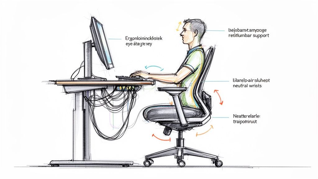 Detailed sketch demonstrating ergonomic computer workstation setup and correct body posture.