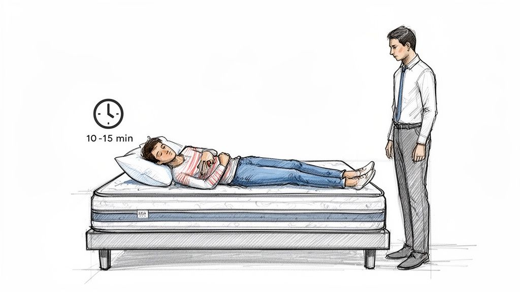 A woman lies on a mattress, while a man in a suit observes, with a '10-15 min' timer icon.