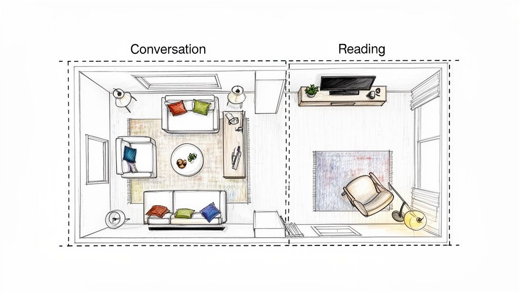 Top-down sketch of two living room layouts: a conversation area and a reading nook.