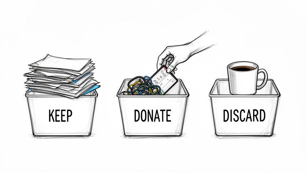 Illustration of three labeled bins: 'KEEP' with papers, 'DONATE' with electronics, and 'DISCARD' with a coffee mug, demonstrating organization.