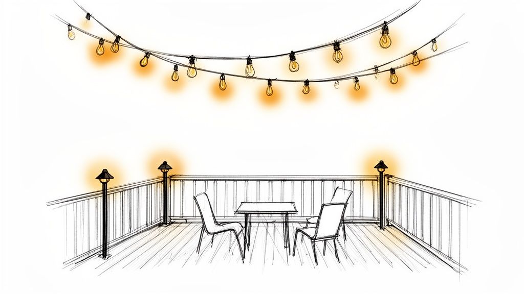 A black and white sketch of an outdoor deck with glowing string lights and path lights, featuring a table and chairs.