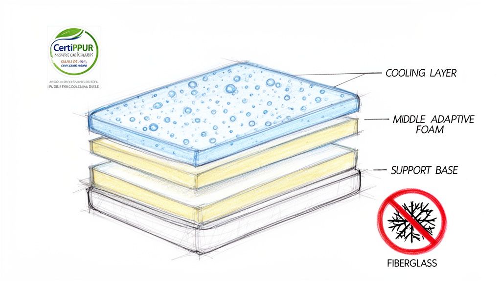 Exploded view of mattress layers: cooling, middle adaptive foam, support base, CertiPUR-US certified, no fiberglass.