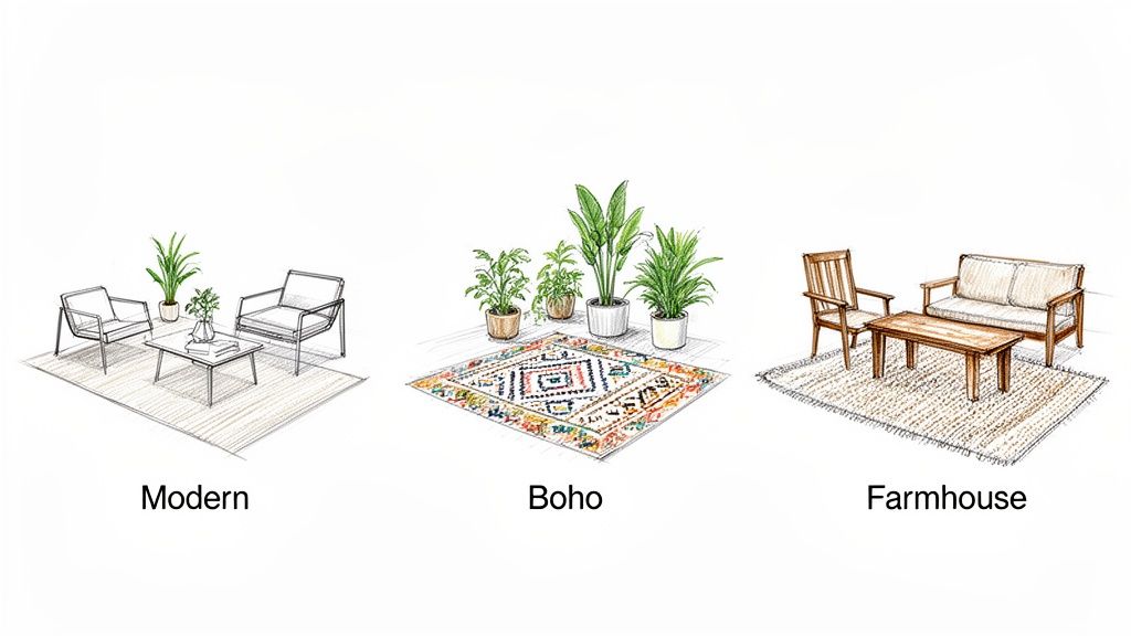 Three outdoor patio settings, showcasing modern, boho, and farmhouse rug styles with furniture and plants.