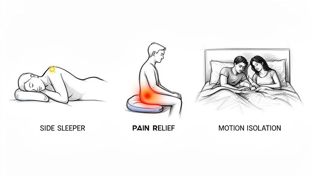Three illustrations depict comfort benefits: side sleeping support, seated pain relief, and couples experiencing motion isolation in bed.