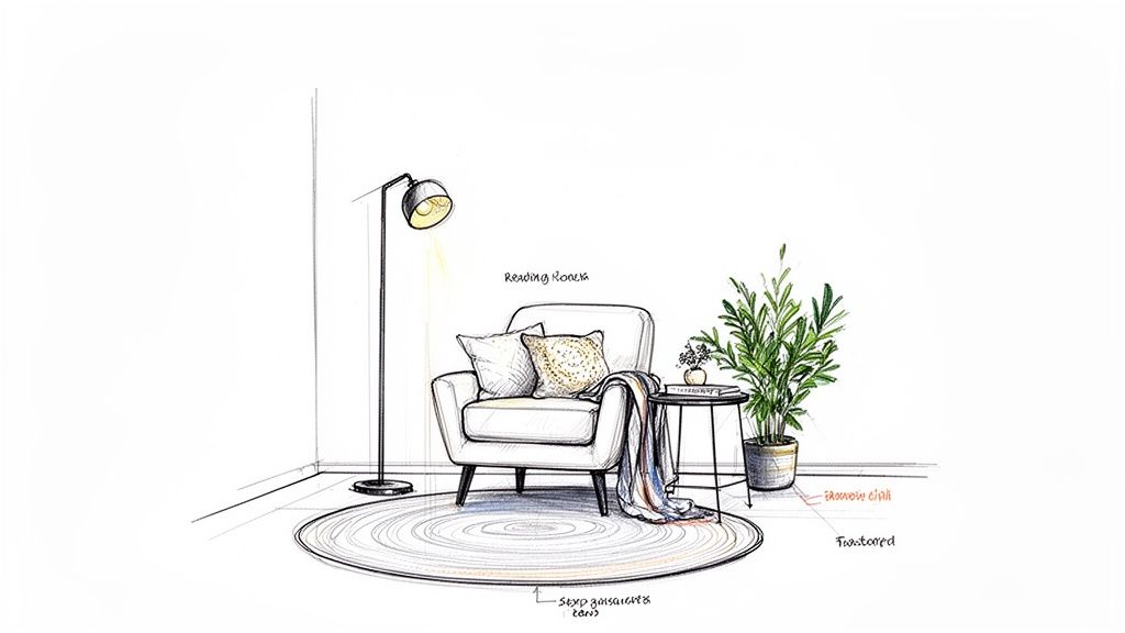 A cozy sketch of a reading corner with an armchair, floor lamp, side table, and a plant.