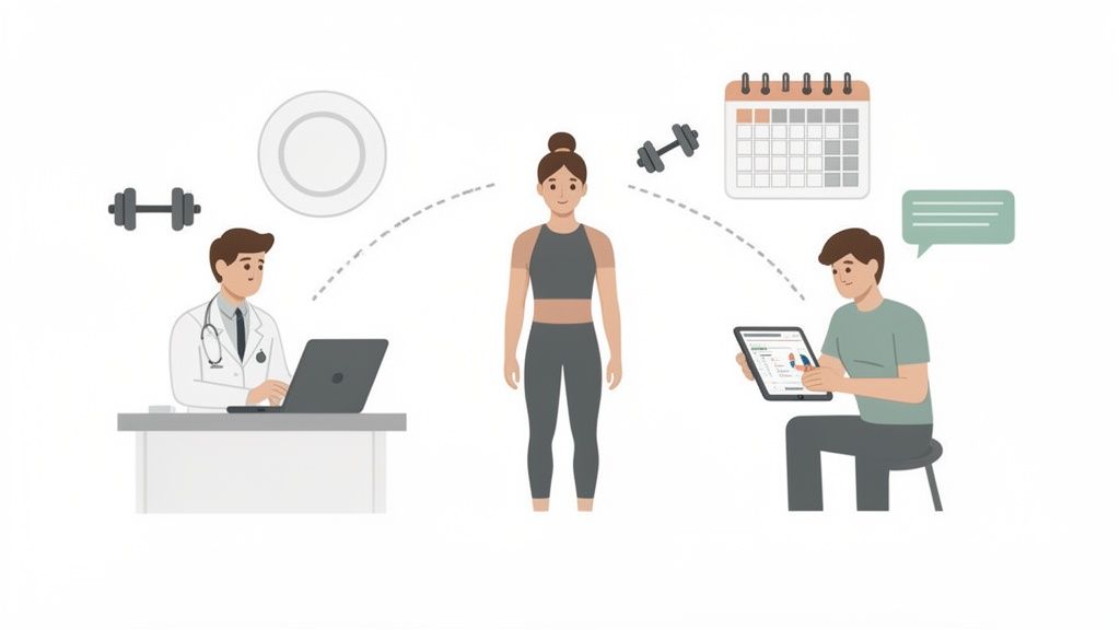 Illustration of a woman receiving online support from a doctor and a personal trainer for health and fitness.