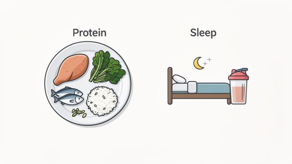 An illustration showing a plate with protein foods and a bed with a protein shaker for muscle recovery.