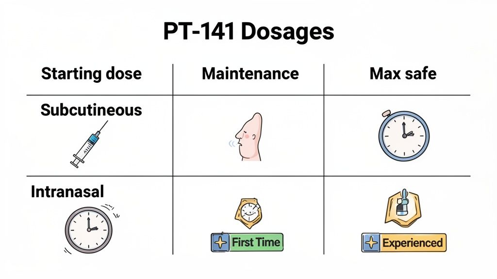 A PT-141 dosage chart showing subcutaneous and intranasal administration, including starting, maintenance, and max safe doses.