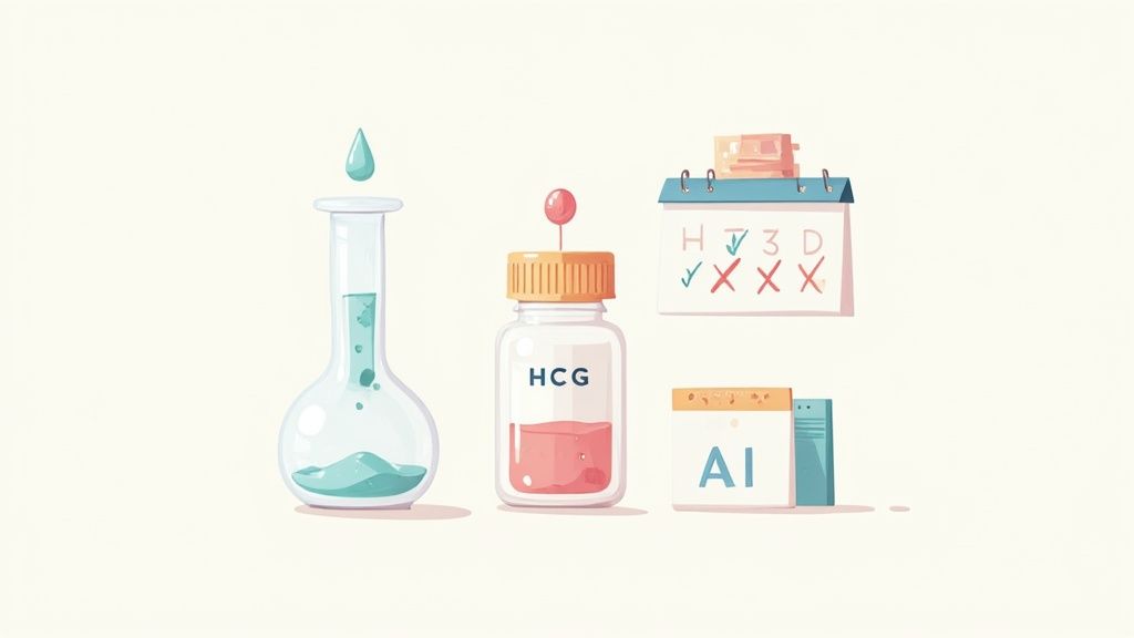 An illustration showing lab equipment, an HCG vial, and calendars, suggesting fertility treatment or medical testing.
