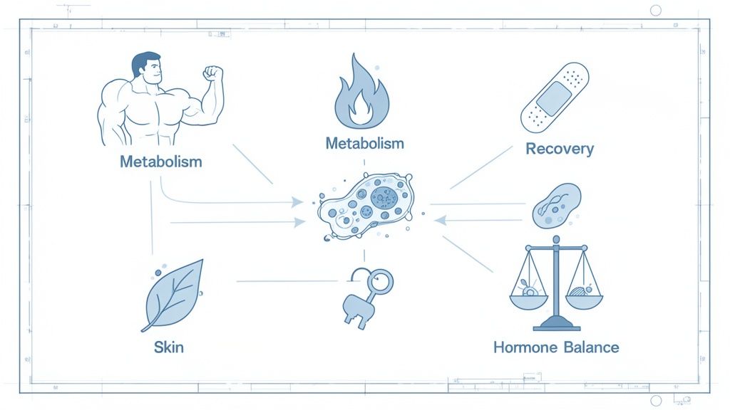 Diagram showing a central cell connected to metabolism, recovery, skin, and hormone balance.